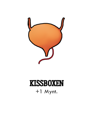 Kissboxen, en orange form med svans, illustrerad med text under.